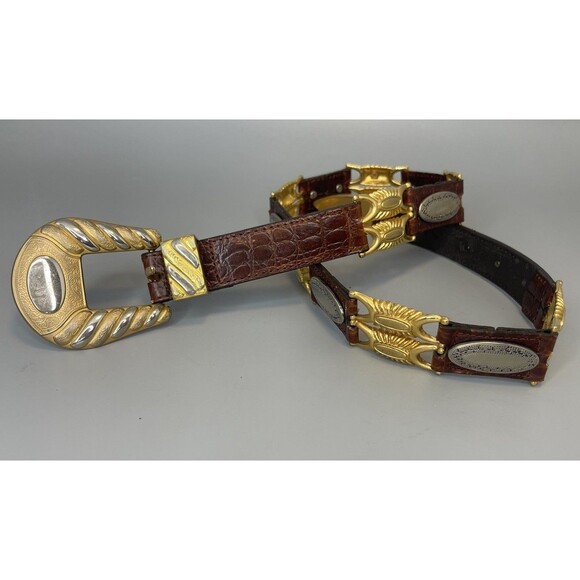 Vtg 80s Lady Captiva Leather Metal Western Belt Women MED Brown Gold Rodeo Bling - Picture 2 of 8
